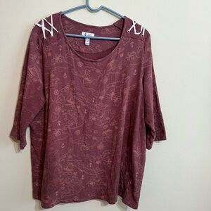 Denim & Co. Printed French Terry 34 Sleeve Nautical Top Mauve dark rose 
Size 2X